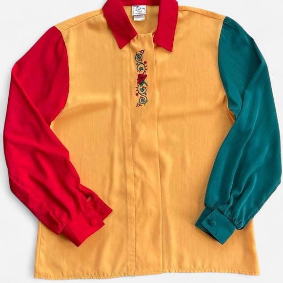 Eva Tops - Vintage Eva Polyester Color Block Blouse Red Yellow Green with Embroidered Rose